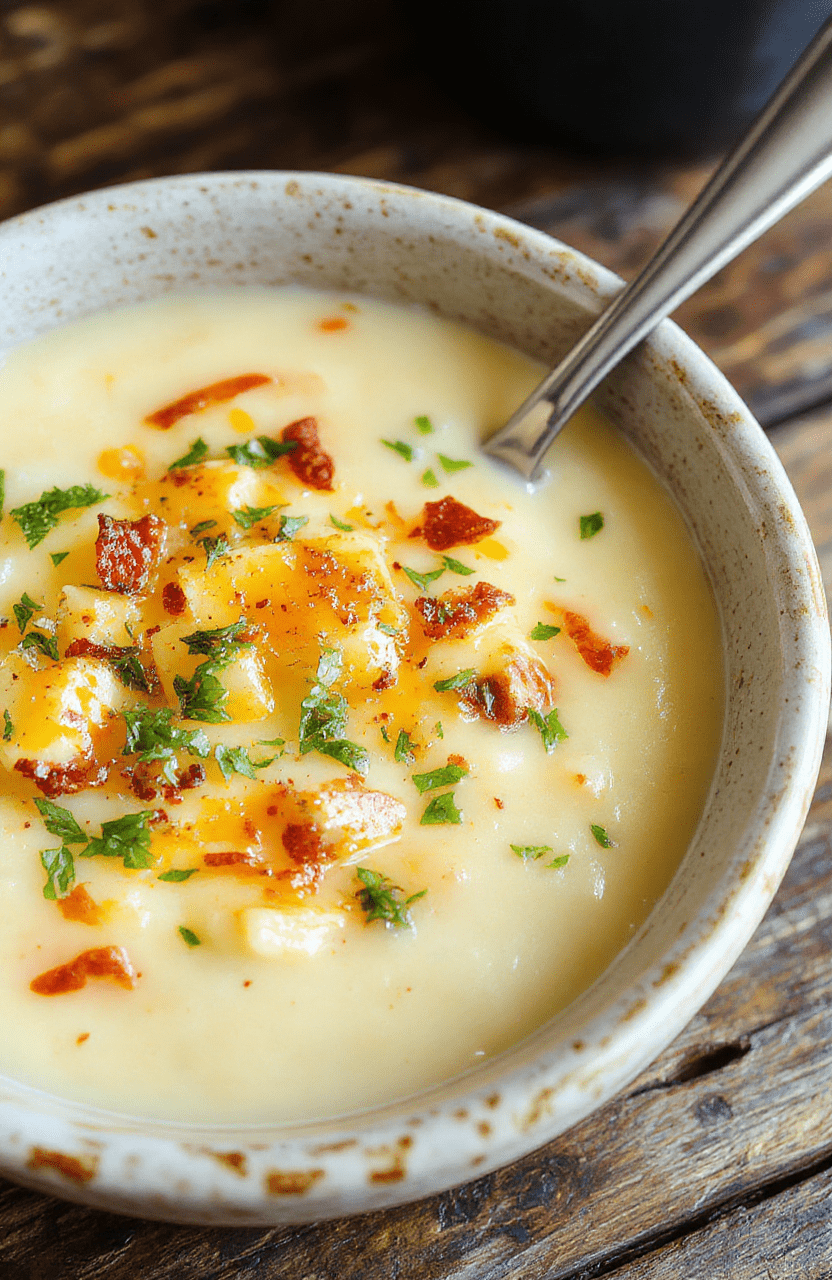 A vibrant bowl of creamy cheesy potato soup topped with shredded cheddar, fresh herbs, and garlic croutons, served in a rustic bowl with a wooden spoon, surrounded by fresh potatoes and herbs, showcasing warm, inviting textures and rich colors.
