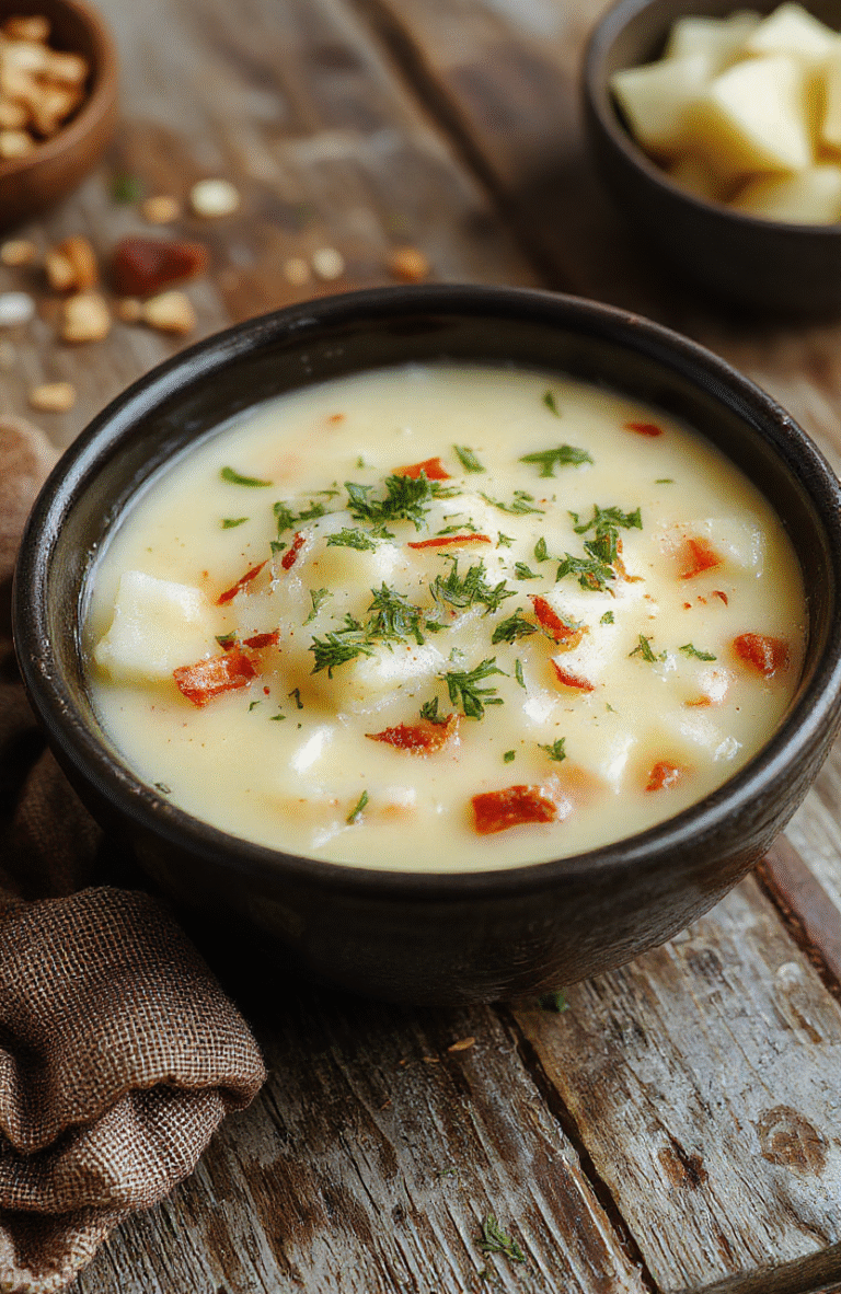 A creamy bowl of loaded crockpot potato soup topped with shredded cheese, crispy bacon bits, chopped green onions, and a dollop of sour cream, served on a rustic wooden table with a spoon and a linen napkin, vibrant colors, inviting presentation.