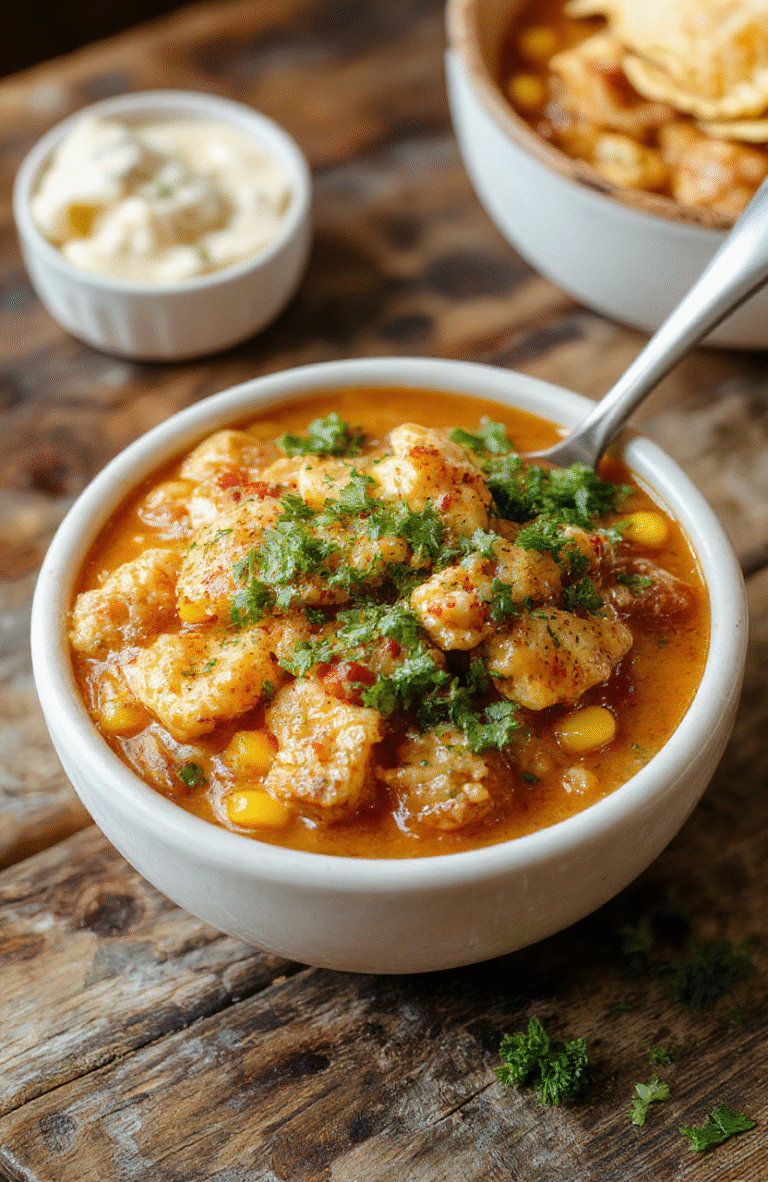 A vibrant bowl of Mexican Street Corn White Chicken Chili topped with fresh cilantro, lime wedges on the side, showcasing creamy white chicken base with corn kernels, red peppers, and melted cheese, styled on a rustic wooden table with a colorful background