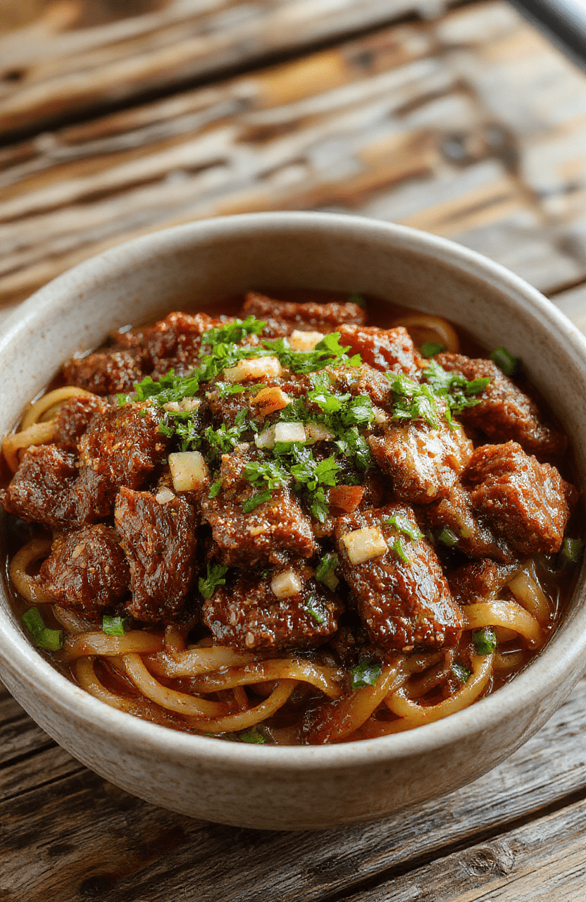 Colorful bowl of Mongolian ground beef noodles with green scallions and sesame seeds, glossy sauce coating tender beef and noodles, vibrant and appetizing presentation styled casually