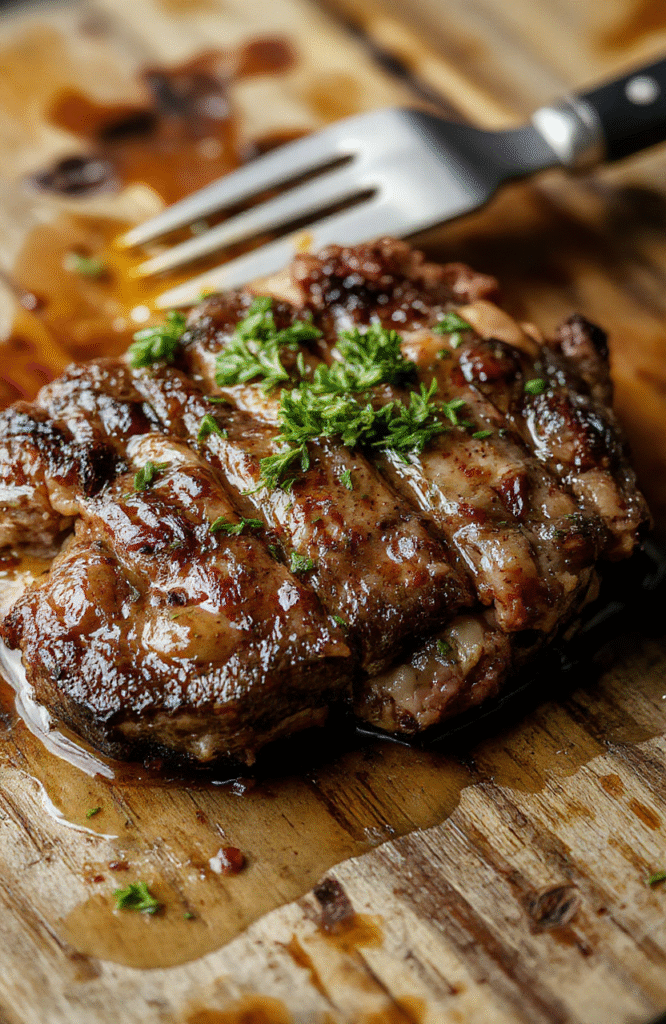 A perfectly cooked, juicy steak with a golden-brown crust, topped with a glossy butter sauce, garnished with fresh herbs. The steak is plated on a rustic wooden surface with subtle lighting highlighting its textures and rich colors.