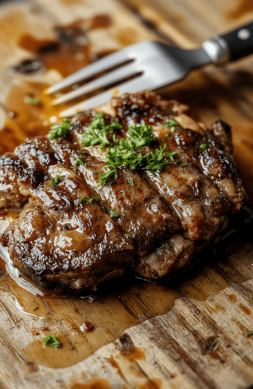 A perfectly cooked, juicy steak with a golden-brown crust, topped with a glossy butter sauce, garnished with fresh herbs. The steak is plated on a rustic wooden surface with subtle lighting highlighting its textures and rich colors.