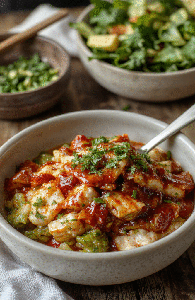 A vibrant plate featuring a sticky glazed chicken served atop fluffy white rice, garnished with green onions and sesame seeds, with a rich sauce glaze and colorful vegetables on the side, styled casually on a rustic wooden surface with natural light highlighting textures.