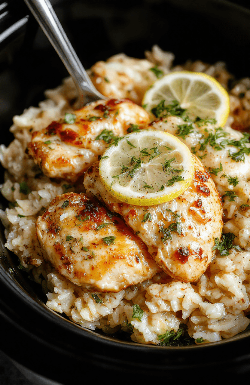A vibrant dish featuring tender slow cooked lemon herb chicken resting atop fluffy rice in a rustic white bowl. Fresh lemon slices, sprigs of herbs, and a sprinkle of herbs and pepper garnish the scene. The background showcases a natural wooden table with soft daylight highlighting the textures and colors of the dish, emphasizing freshness and comforting warmth.