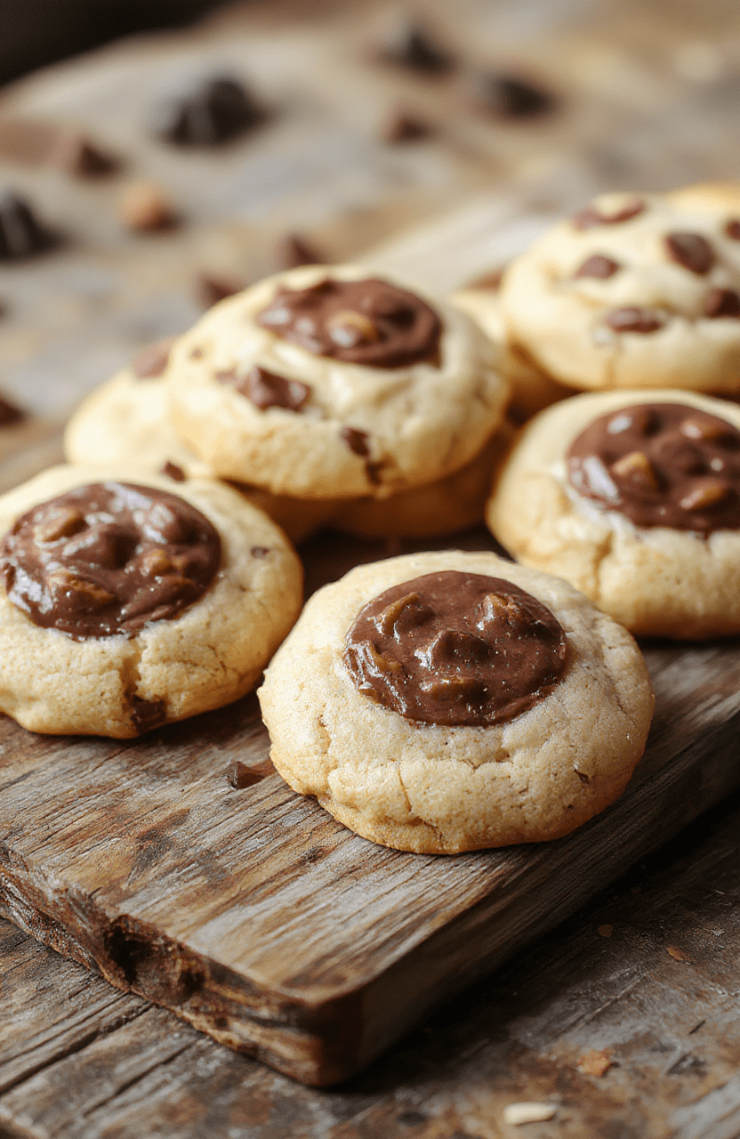 Colorful, spooky jack-o'-lantern cookies with melted milk chocolate filling, decorated with orange icing and green stems, arranged on a rustic wooden platter with fall leaves around, vibrant and inviting, textures of smooth chocolate and crunchy cookie visible.
