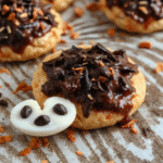 A vibrant Halloween-themed snack platter featuring creepy cookies, colorful candies, and fun shaped chips arranged on a spooky black tray, with orange and purple decorations in the background, textured surfaces and playful presentation.