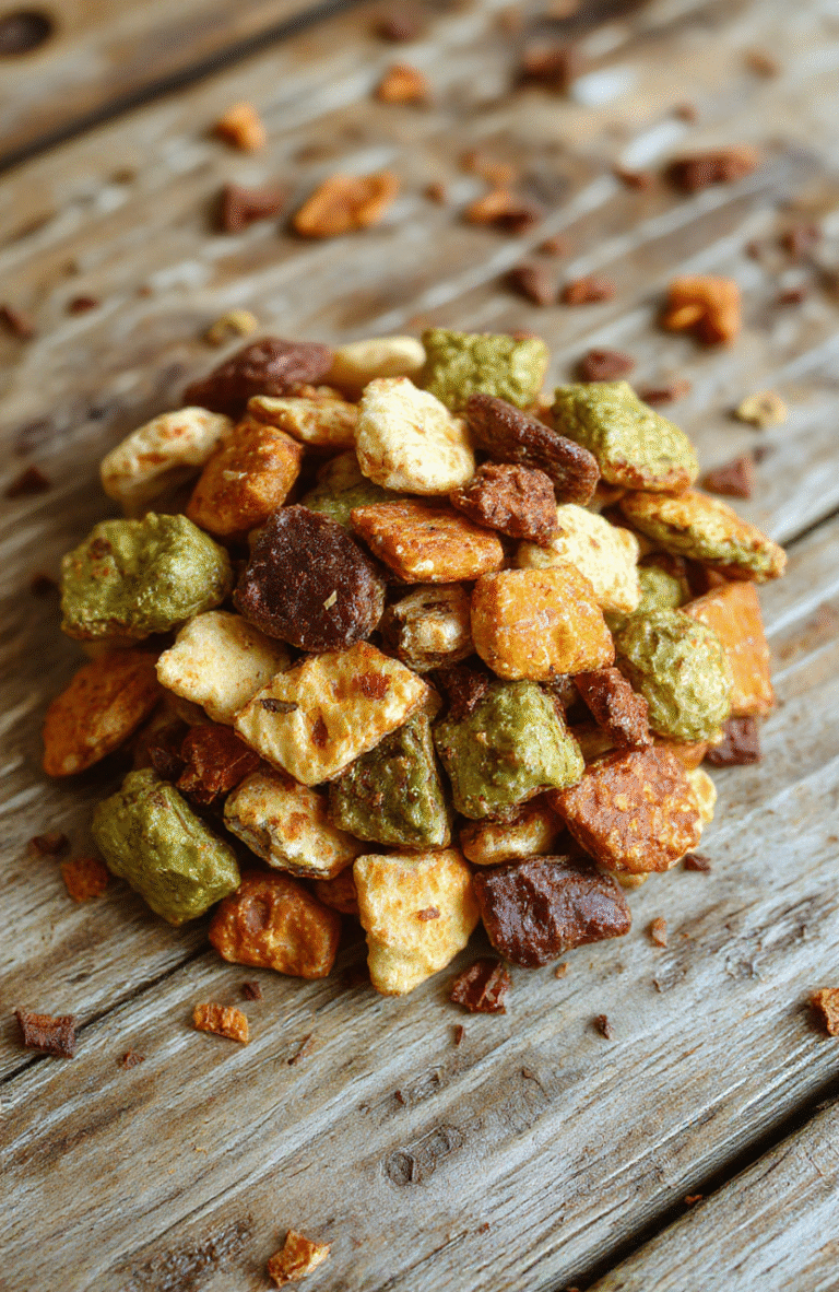 A vibrant Halloween themed trail mix featuring bright red dried cranberries, dark chocolate chunks, pumpkin seeds, and colorful candies arranged on a spooky-themed plate, styled with a black napkin and festive decorations in the background, textures of crunchy nuts and chewy dried fruit visible.