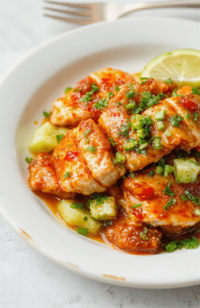 A vibrant plate of sweet chili chicken featuring golden-brown crispy pieces coated in glossy red chili sauce, garnished with sliced green onions and sesame seeds, styled on a rustic white plate with a colorful background of chopped vegetables and herbs.