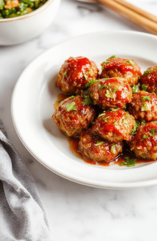 Colorful Asian turkey meatballs glazed with a sweet and spicy sauce, arranged on a white plate garnished with chopped green onions and sesame seeds, with subtle textures showing the juicy meatballs and glossy sauce, styled simply for a casual yet appetizing presentation.
