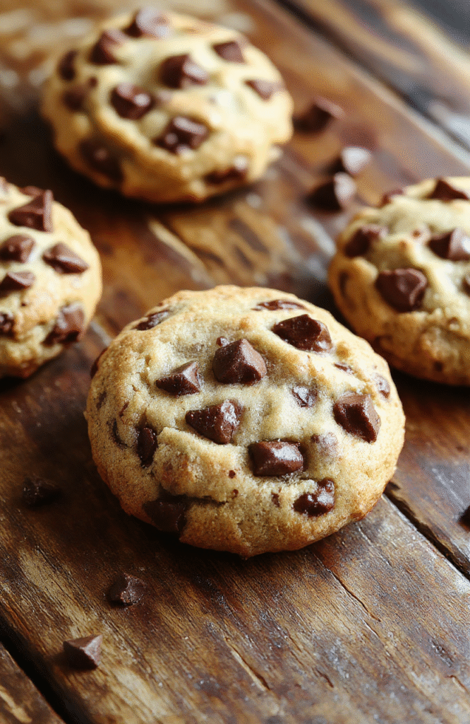 A stack of golden-brown chewy chocolate chip cookies with visible melty chocolate chips on a rustic wooden surface, slight crumbs around, styled casually with natural daylight and soft shadows for a warm, inviting look.