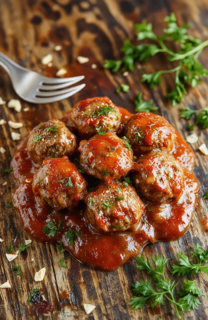 A close-up image of perfectly round, golden-brown Italian meatballs arranged on a white plate, garnished with fresh parsley, with a rich tomato sauce drizzled over them, topped with grated Parmesan cheese, and served alongside crusty bread. The vibrant red sauce contrasts beautifully with the savory meatballs, creating an inviting and appetizing scene.
