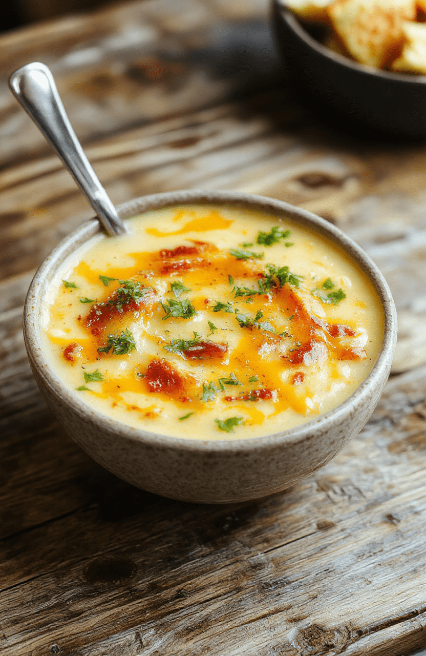 A comforting bowl of cheeseburger soup topped with shredded cheese, chopped pickles, and fresh herbs, served in a rustic bowl on a wooden table, with visible chunks of ground beef, melted cheese, and vibrant green garnish, styled casually for an inviting, homey feel.