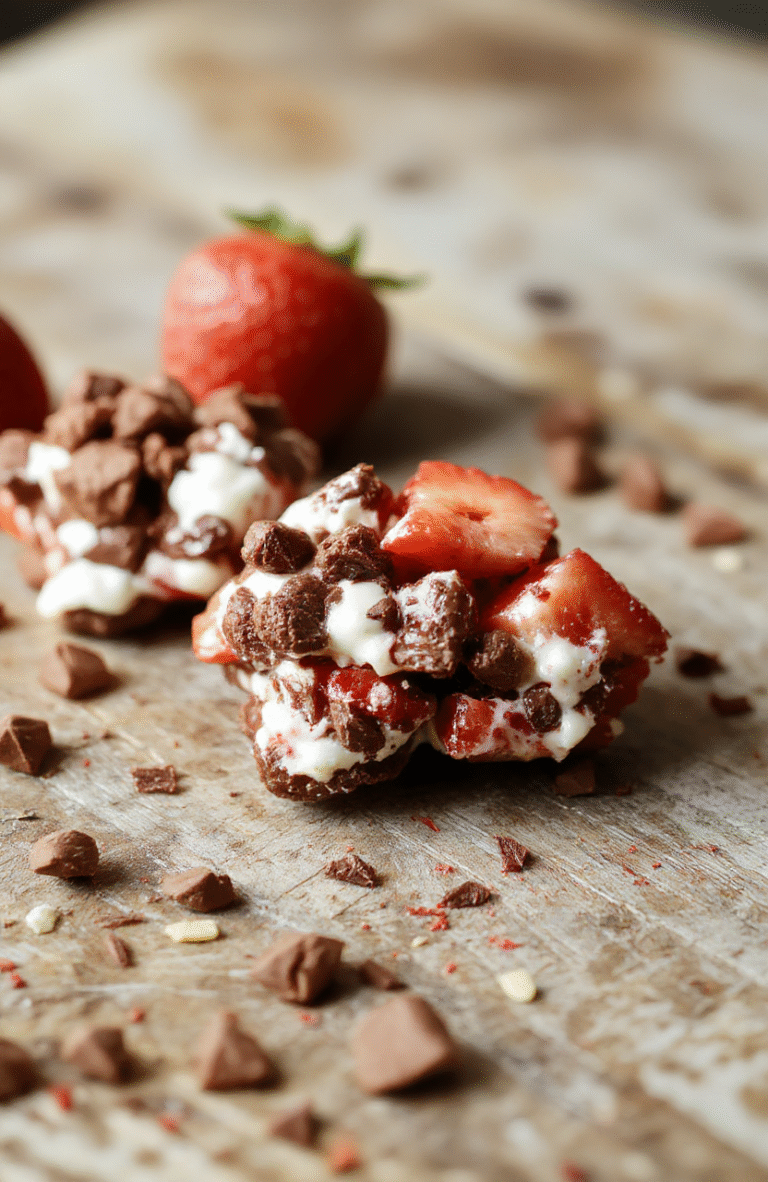 A colorful bowl of chocolate strawberry yogurt clusters with visible strawberries, coated in smooth chocolate, arranged on a white plate, surrounded by scattered strawberries and chunks of chocolate, styled casually on a wooden surface with soft natural light.
