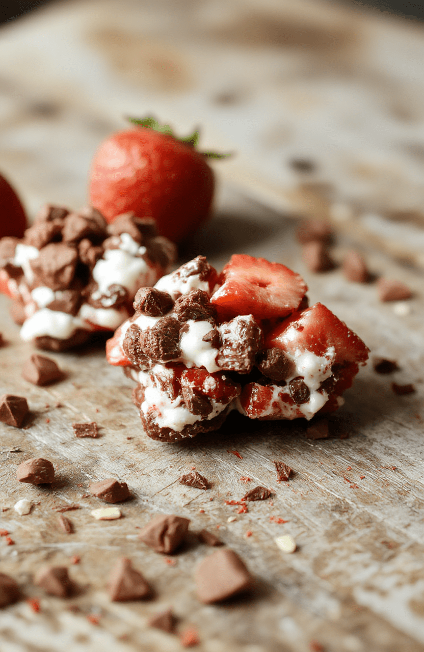 A colorful bowl of chocolate strawberry yogurt clusters with visible strawberries, coated in smooth chocolate, arranged on a white plate, surrounded by scattered strawberries and chunks of chocolate, styled casually on a wooden surface with soft natural light.