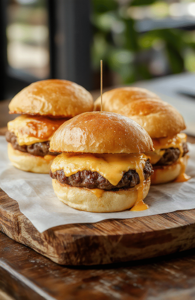 A close-up of golden-brown cheeseburger sliders arranged on a rustic wooden platter, topped with melted cheese, fresh lettuce, and sesame seed buns. The sliders look juicy, with gooey cheese stretching as they are slightly pulled apart, styled with vibrant greens and a background of casual party decor.