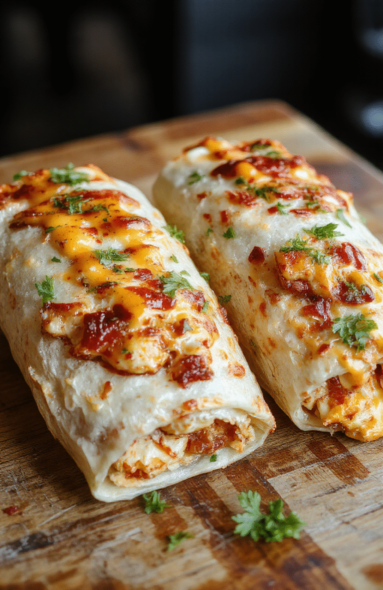 A close-up of a golden-brown chicken wrap sliced open to reveal melted cheese, crispy lettuce, and tender chicken, arranged on a rustic wooden board with a creamy dipping sauce nearby. Vibrant colors of fresh ingredients contrast with the textured wrap, styled casually with natural lighting to evoke an inviting homemade meal.