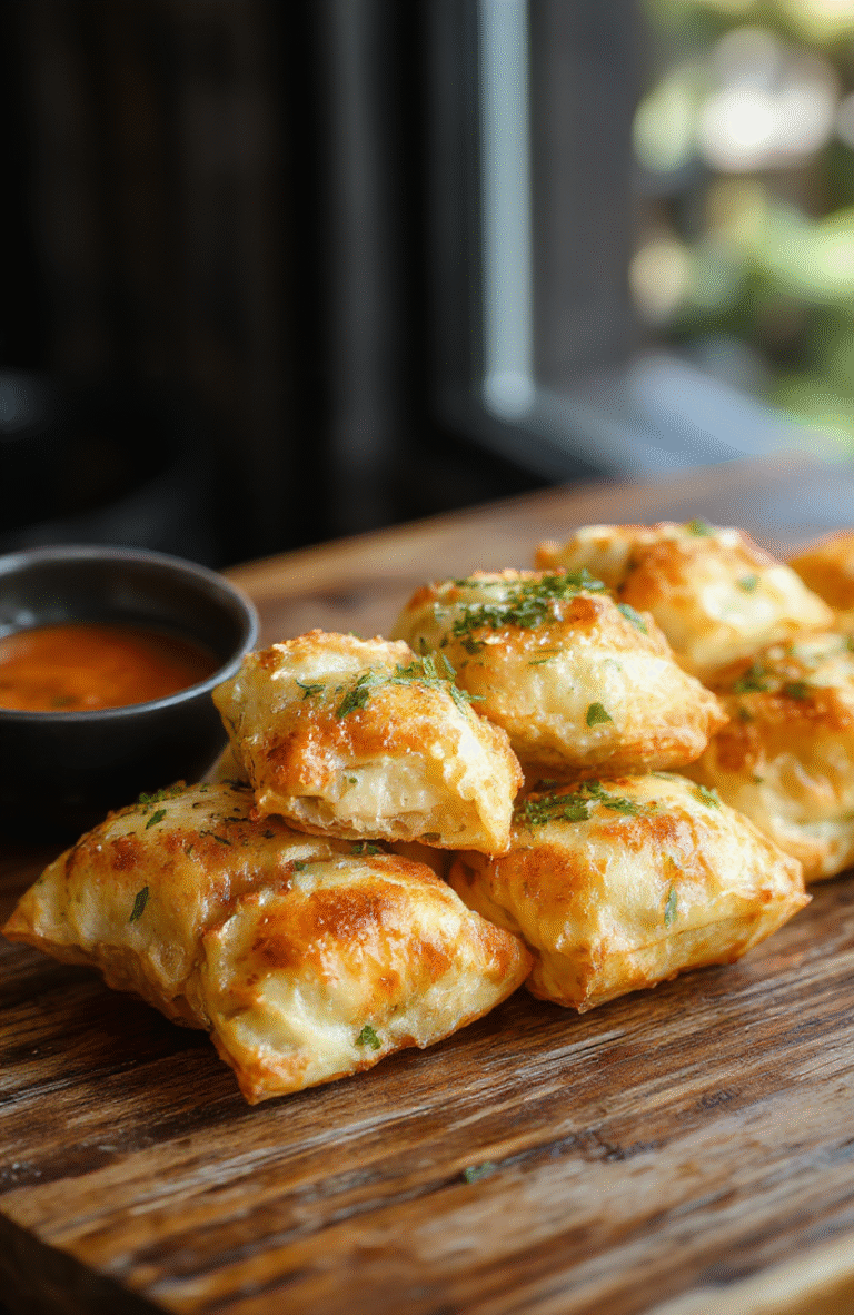 A colorful, appetizing plate of crispy crab Rangoon with golden-brown exterior, filled with creamy crab mixture, garnished with chopped green onions on a rustic wooden table, styled simply for an inviting presentation