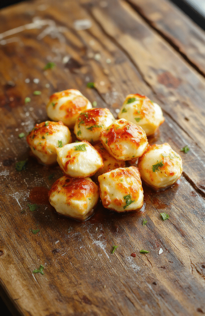 Golden crispy mozzarella bites arranged on a white ceramic plate, melted mozzarella stretching from the bites, garnished with fresh basil leaves, vibrant marinara sauce on the side, styled with a rustic wooden background, inviting and colorful textured presentation.