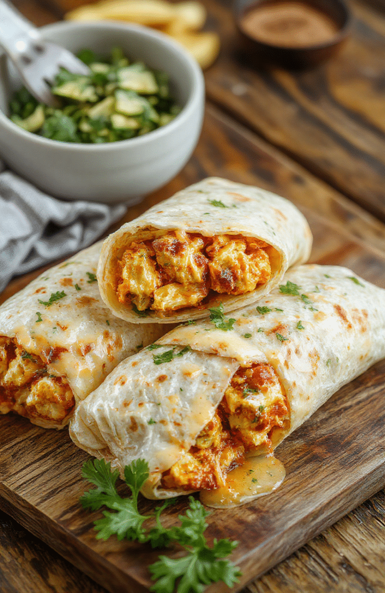 A close-up of cheesy chicken wraps on a white plate, golden crispy tortillas filled with tender chicken, melted cheese, fresh greens, and a drizzle of sauce, styled simply with natural light highlighting textures and colors, served on a rustic wooden table