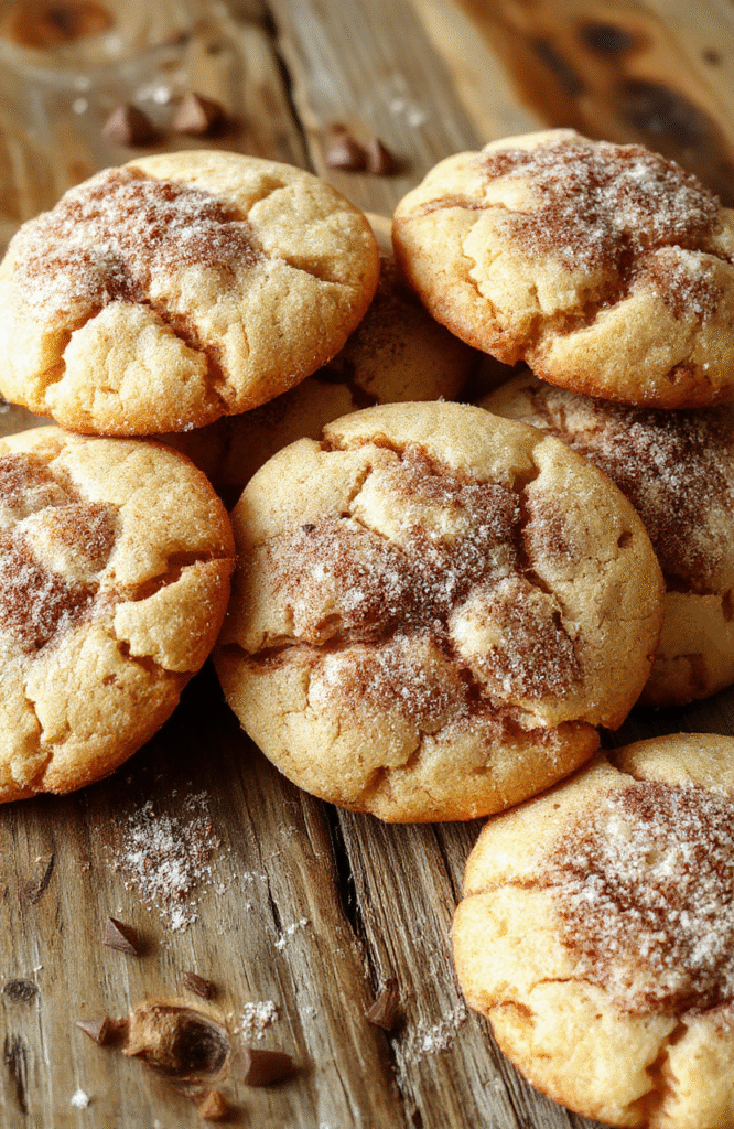 A close-up photo of a batch of soft snickerdoodles on a rustic white plate, coated in cinnamon sugar with a slightly cracked surface, arranged in an inviting pile on a wooden table with cinnamon sticks and a sprinkle of cinnamon in the background, capturing a warm, cozy atmosphere.