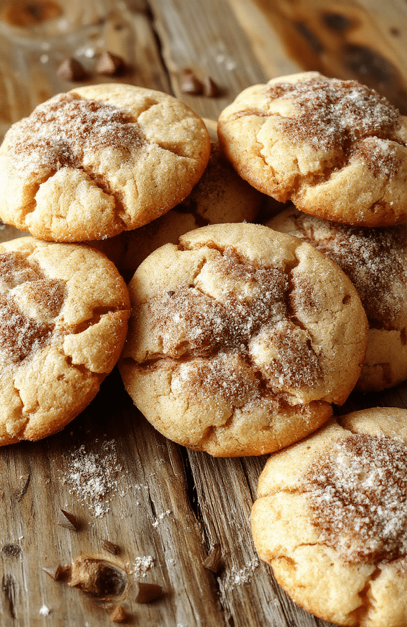 A close-up photo of a batch of soft snickerdoodles on a rustic white plate, coated in cinnamon sugar with a slightly cracked surface, arranged in an inviting pile on a wooden table with cinnamon sticks and a sprinkle of cinnamon in the background, capturing a warm, cozy atmosphere.