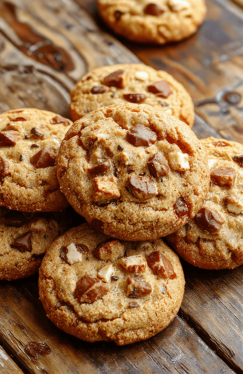 A rustic plate featuring chewy cowboy cookies stacked artfully, golden-brown with chocolate chips visible, accompanied by a glass of milk, set on a wooden table, natural light highlights the textures and inviting appearance.
