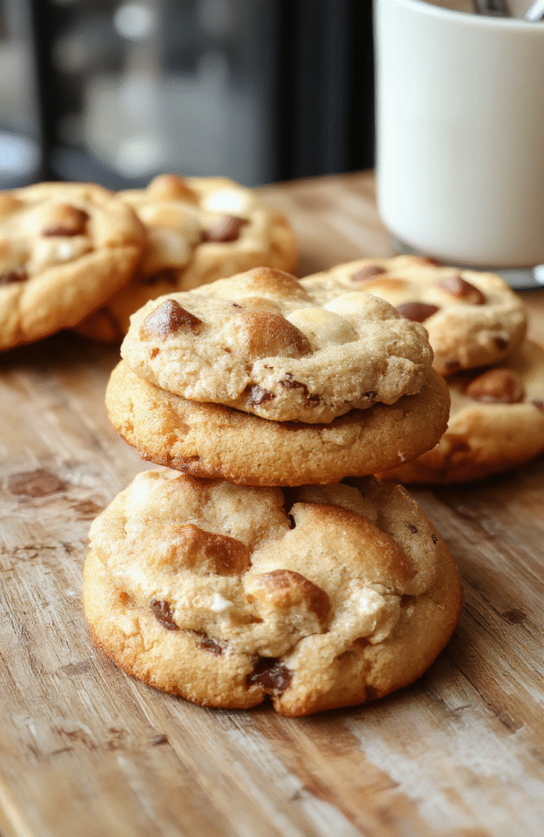 A close-up of golden-brown chewy s'mores cookies topped with gooey marshmallows and melted chocolate, arranged on a rustic wooden cutting board with a background of toasted marshmallows and chocolate pieces, styled casually for an inviting homemade feel.