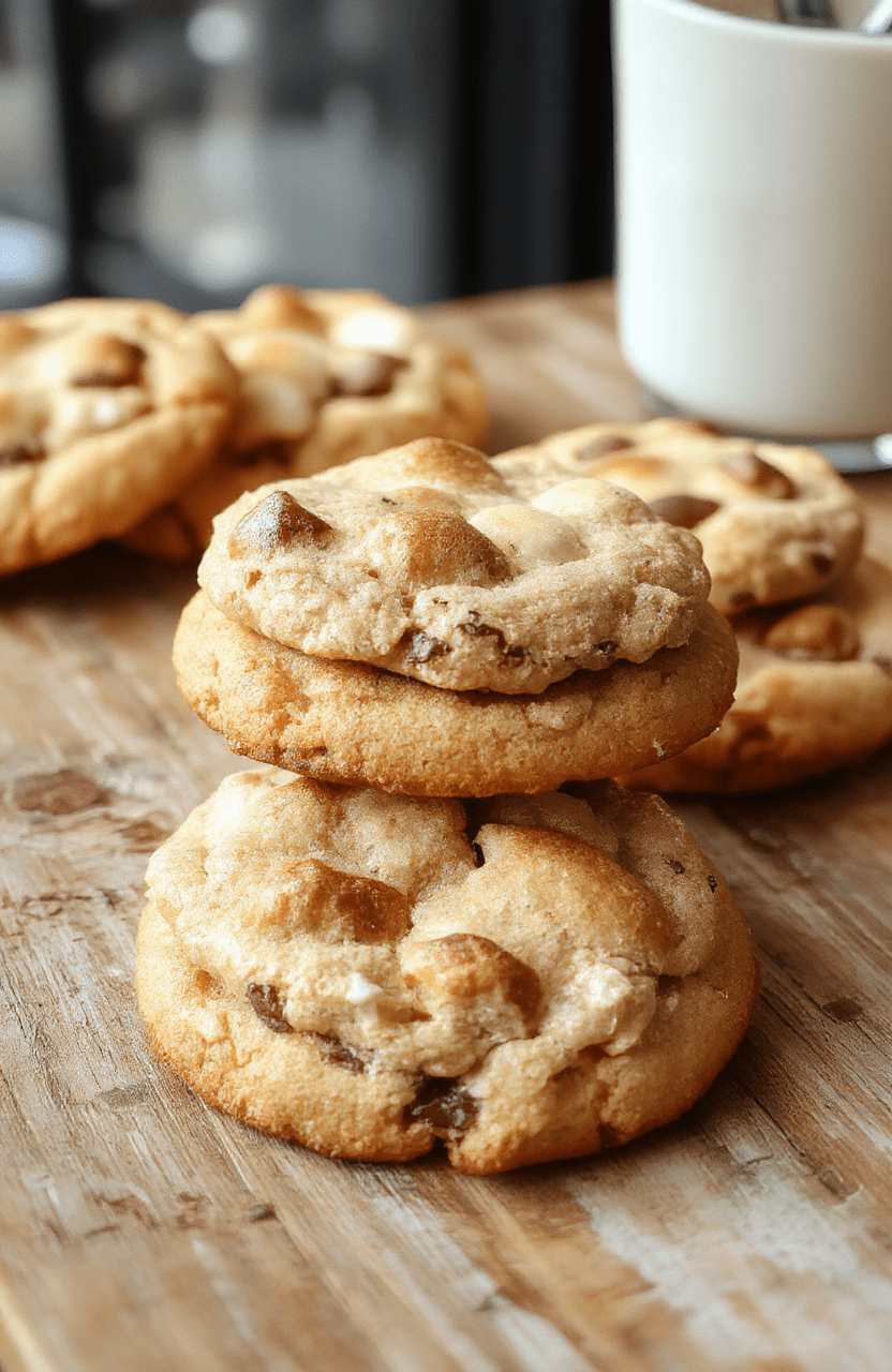 A close-up of golden-brown chewy s'mores cookies topped with gooey marshmallows and melted chocolate, arranged on a rustic wooden cutting board with a background of toasted marshmallows and chocolate pieces, styled casually for an inviting homemade feel.