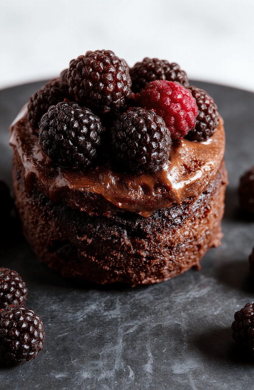 A rich, dark chocolate blackberry cake sliced to reveal layers of moist sponge and fresh blackberries, topped with dark chocolate ganache and edible black accents, styled on a black marble plate with subtle dramatic lighting, highlighting textures and deep colors.