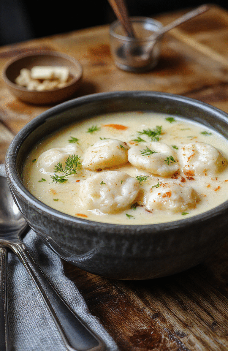 A warm bowl of chicken dumpling soup showcasing soft dumplings floating in a hearty broth, garnished with fresh herbs, served on a rustic wooden table with steam rising, capturing a cozy, inviting culinary scene.