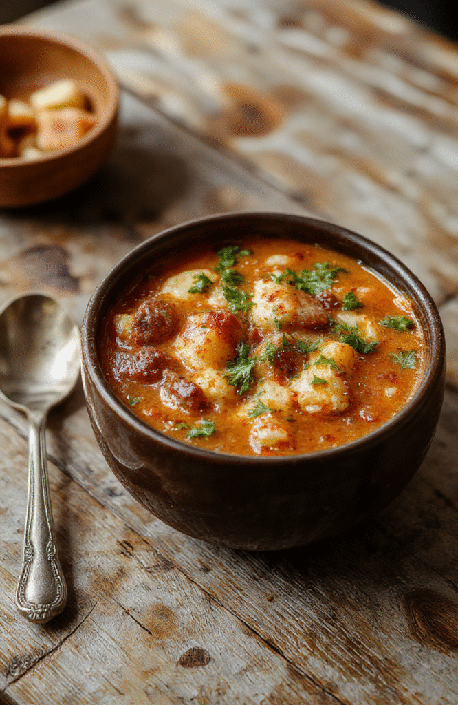 A vibrant bowl of comforting lasagna soup with layers of rich tomato broth, melted cheese, and tender pasta, garnished with fresh basil, served on a rustic wooden table with a cozy, inviting atmosphere.