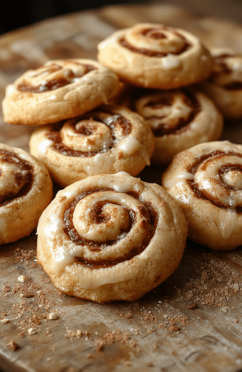 A plate of warm cinnamon roll cookies topped with creamy icing, surrounded by cinnamon sticks and fallen leaves, with a cozy autumn-themed background in earthy tones. The cookies have a golden-brown crust with swirls of cinnamon filling, styled simply on a rustic wooden surface.