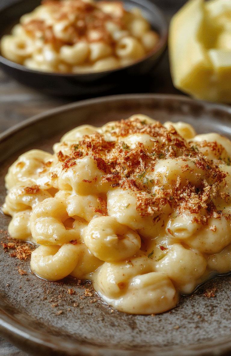 A rich, creamy baked mac and cheese served in a rustic ceramic dish, topped with golden melted cheese and crispy breadcrumbs; vibrant yellow cheese sauce, tender pasta, and garnished with fresh herbs, styled on a wooden table with soft natural lighting.