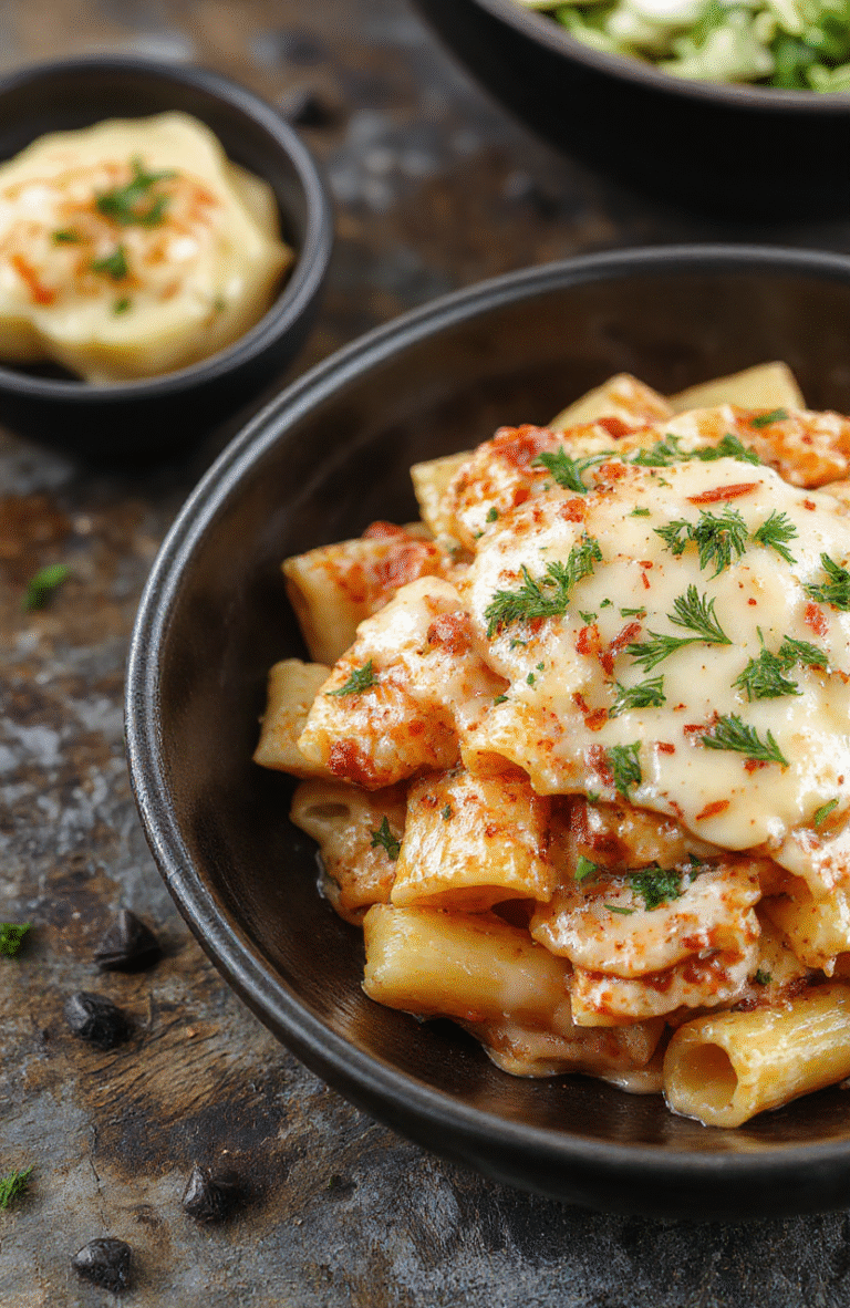 A bowl of creamy Italian rigatoni topped with fresh herbs and grated cheese, served on a rustic wooden table with vibrant colors and textured pasta strands, garnished with basil leaves and a drizzle of olive oil, styled casually for an inviting, home-cooked look.