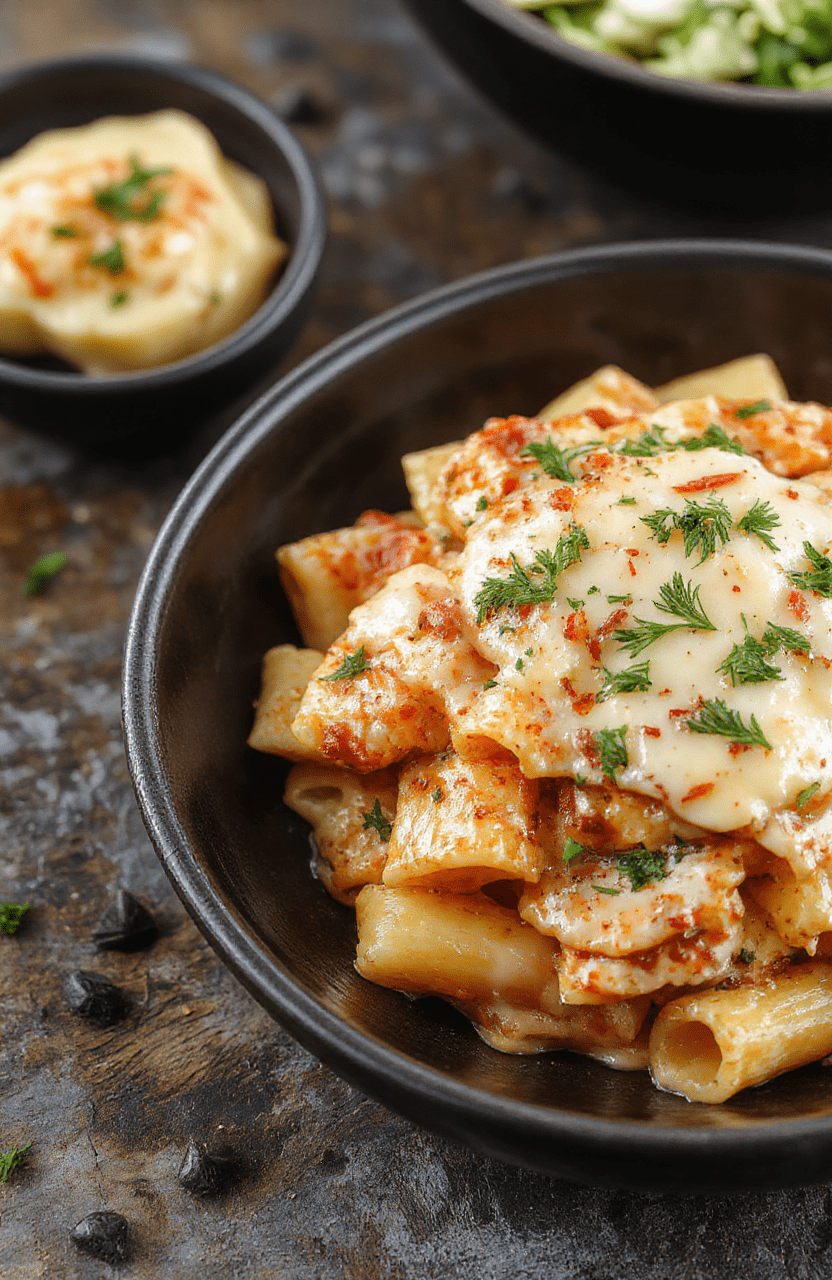 A bowl of creamy Italian rigatoni topped with fresh herbs and grated cheese, served on a rustic wooden table with vibrant colors and textured pasta strands, garnished with basil leaves and a drizzle of olive oil, styled casually for an inviting, home-cooked look.