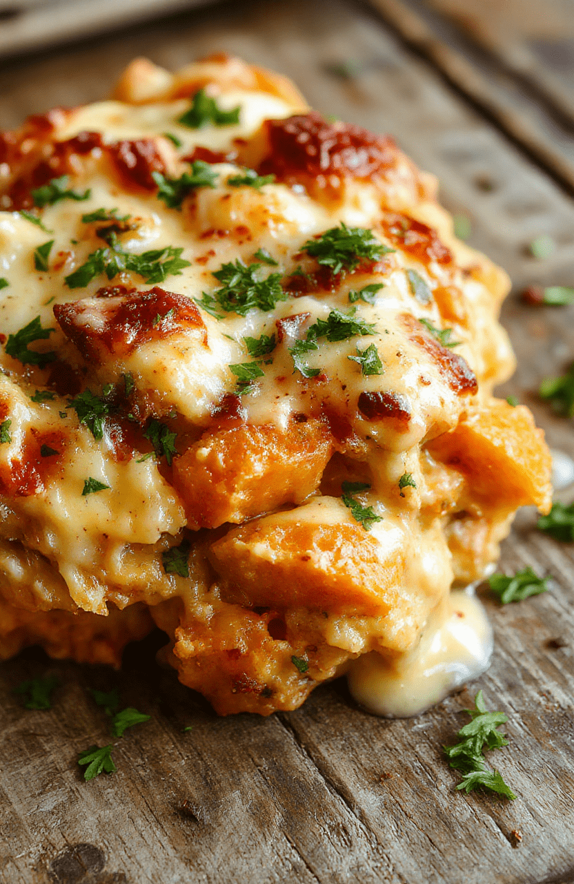 A vibrant, golden-brown sweet potato casserole topped with melted marshmallows and a sprinkle of cinnamon, served in a rustic ceramic dish with a creamy, textured filling visible beneath the crispy topping, styled on a neutral wooden table with natural lighting highlighting the warm colors and inviting textures.
