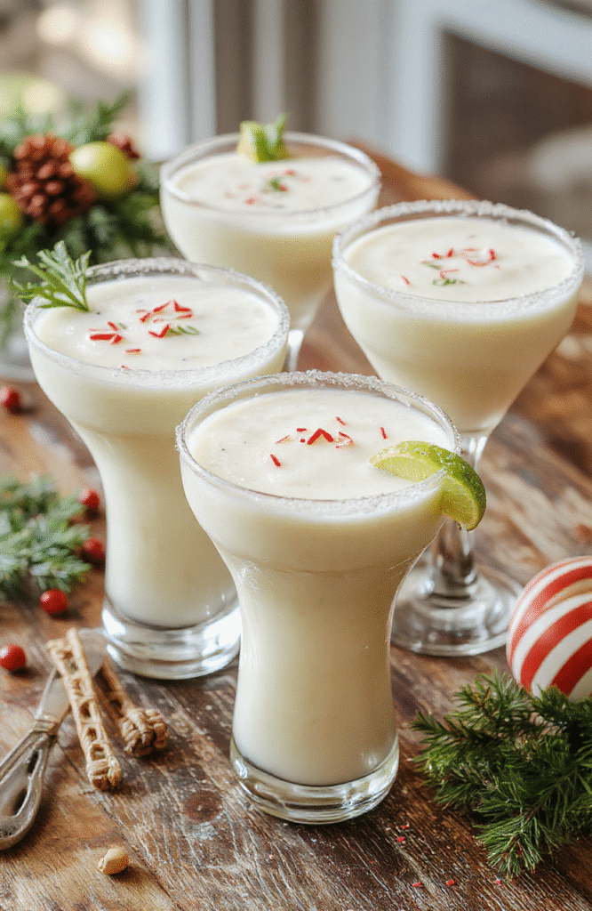 A vibrant pitcher of creamy white Christmas margaritas garnished with lime slices and festive red and green decorations, with salt rimmed glasses, shot from above showing frosty texture, smooth surface, and holiday spirit.