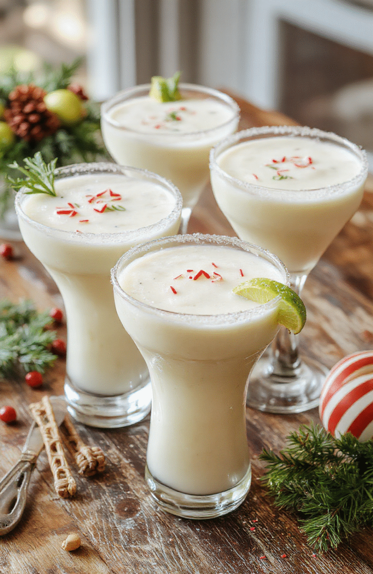 A vibrant pitcher of creamy white Christmas margaritas garnished with lime slices and festive red and green decorations, with salt rimmed glasses, shot from above showing frosty texture, smooth surface, and holiday spirit.