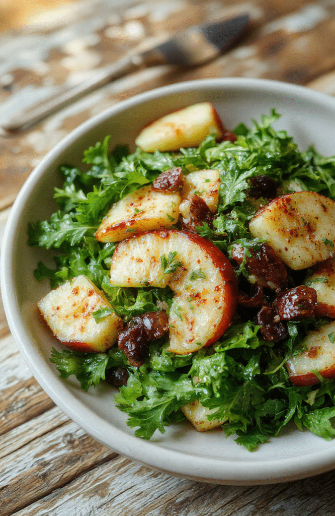 A vibrant salad featuring bright green arugula leaves topped with thinly sliced red apples, sprinkled with walnuts and crumbled feta cheese, arranged neatly on a white plate with a light vinaigrette drizzle, styled simply with a rustic wooden table background for a fresh, inviting look.