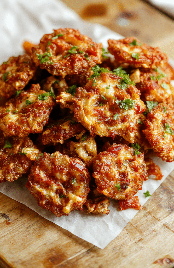 A close-up of golden crispy fried onions stacked high on a white plate, with a slight sheen of oil, textured batter coating visible, styled casually with a rustic background and natural daylight.