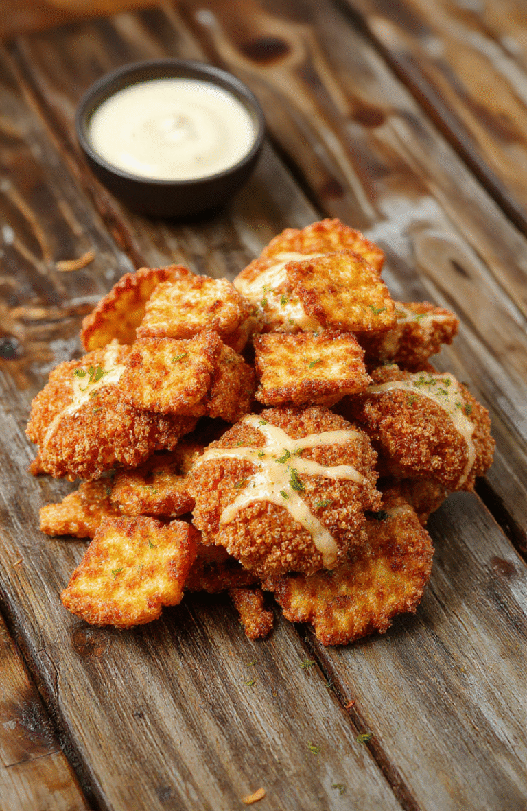 Golden-brown crispy pretzel-coated chicken slices topped with melted cheese on a rustic wooden platter garnished with fresh herbs, with a side of colorful dipping sauces, styled for a warm, inviting meal.