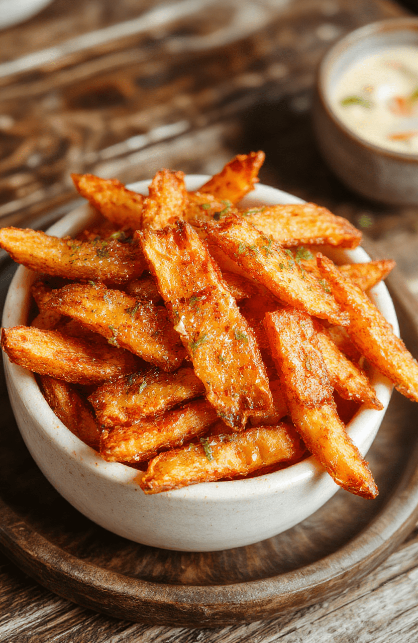A vibrant plate of golden crispy sweet potato fries arranged neatly on a rustic white ceramic plate, garnished with fresh green herbs, styled with a dipping bowl of spicy ketchup, set against a wooden surface with soft natural daylight highlighting the texture and crispiness of the fries.