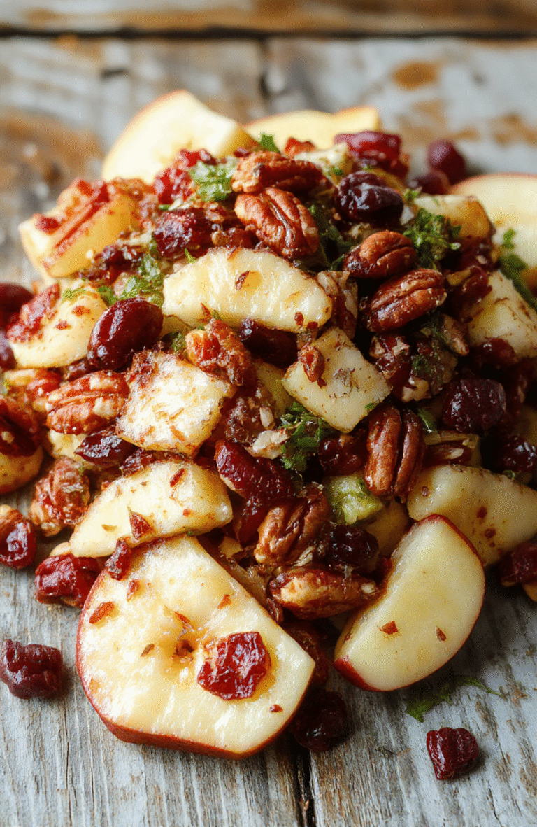 A vibrant salad featuring crisp apple slices, bright red cranberries, toasted pecans, and leafy greens, arranged beautifully in a clear glass bowl with a sprinkle of feta cheese, styled on a rustic wooden table with natural daylight highlighting the fresh textures.
