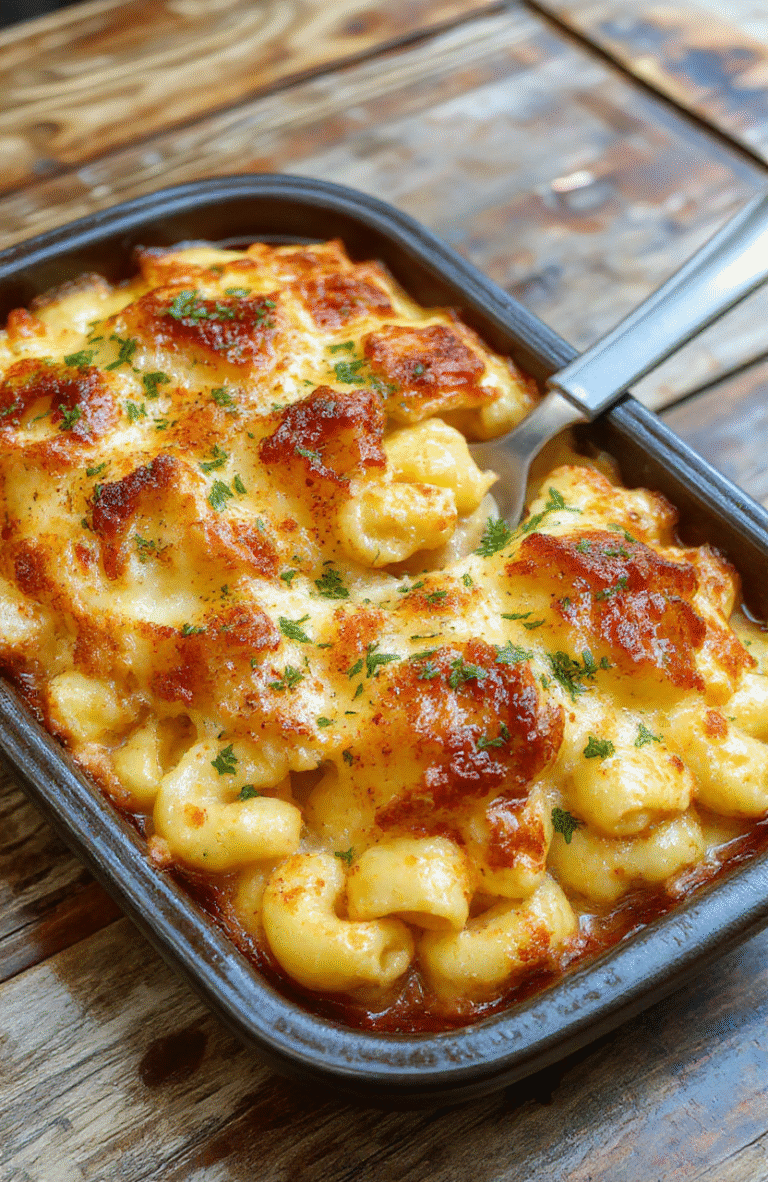 A close-up of a golden brown baked mac and cheese dish on a rustic wooden table, showing crispy cheese crust, creamy interior, and steaming pasta mixed with melted cheese, styled simply for a cozy, inviting feel.