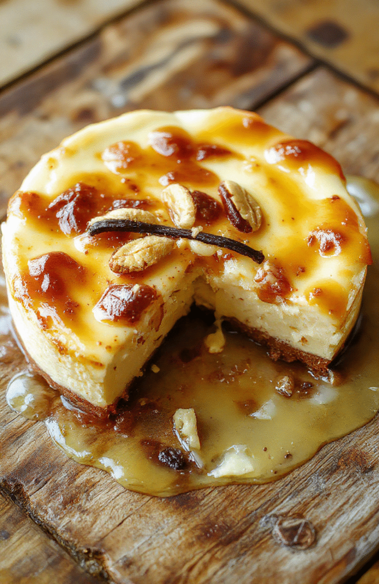 A rich, creamy cheesecake topped with a golden brown butter glaze and vanilla bean specks, beautifully plated on a rustic wooden board with swirls of caramel sauce, garnished with vanilla beans and a sprig of mint, inviting and vibrant colors, textured crust visible underneath, styled in warm natural light.
