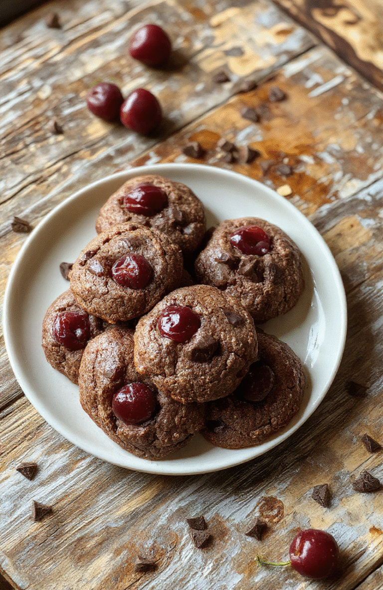 A plate of rich, chocolate cherry cookies with a glossy cherry on top, surrounded by scattered fresh cherries and cocoa powder on a rustic wooden table, styled with a sprinkle of powdered sugar for a festive look