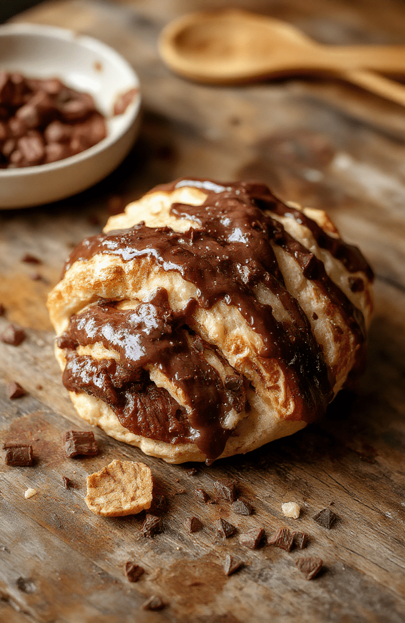 A golden-brown chocolate croissant bake sliced open to reveal layers of flaky croissants, melted chocolate, and creamy custard, beautifully plated on a rustic wooden table with a dusting of powdered sugar, styled with fresh berries for color and texture.