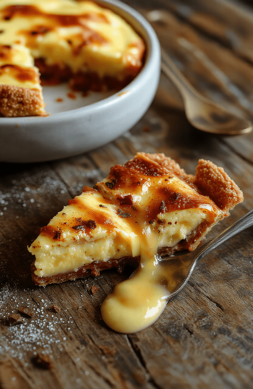A visually appealing slice of decadent custard pie on a rustic plate, topped with whipped cream and caramel drizzle, with golden crust and smooth creamy filling, styled on a wooden table with festive decorations in the background.