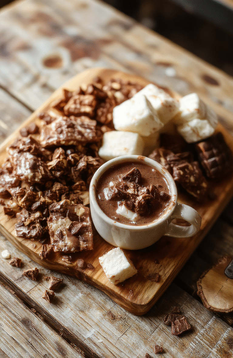 A beautifully arranged hot chocolate board featuring tall mugs of rich, creamy hot cocoa topped with whipped cream, surrounded by colorful marshmallows, chocolate shavings, cinnamon sticks, and decorative cookies. The board is set on a rustic wooden table with festive holiday decorations in the background, inviting cozy winter vibes.
