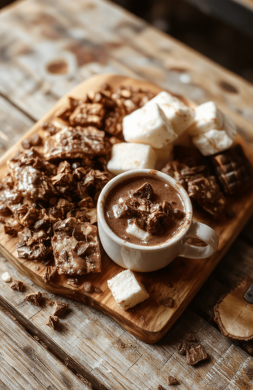 A beautifully arranged hot chocolate board featuring tall mugs of rich, creamy hot cocoa topped with whipped cream, surrounded by colorful marshmallows, chocolate shavings, cinnamon sticks, and decorative cookies. The board is set on a rustic wooden table with festive holiday decorations in the background, inviting cozy winter vibes.